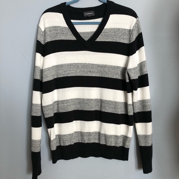 Express Men's V Neck Black, White and Grey Striped Sweater - Picture 1 of 4